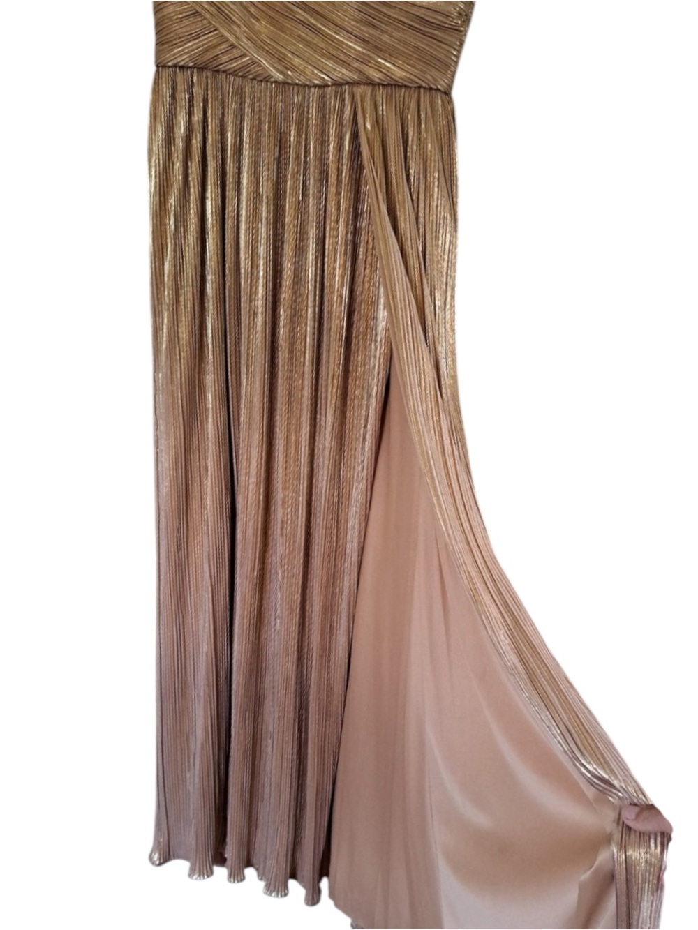 Ieena for Mac Duggal Dress 26275 Slit Metallic Rose Gold Ruched  Gown NWT Size 6 - Picture 8 of 12
